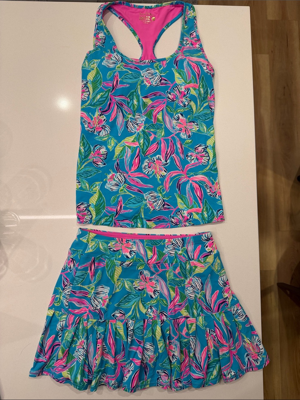 Lilly Pulitzer NWOT Luxletic Keep On Beleafing Blue Pink Tank Skort Set Size XXS